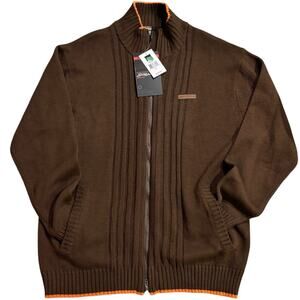 Southpole Y2K XL Full Zip Wide Rib Sweater Brown Orange Trim Logo Pull Pockets